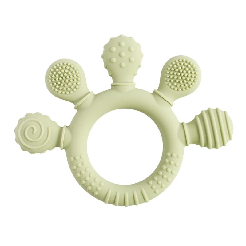 Baby Bubble BPA-free silicone teether rattle with colorful sensory beads, designed to soothe and entertain infants.