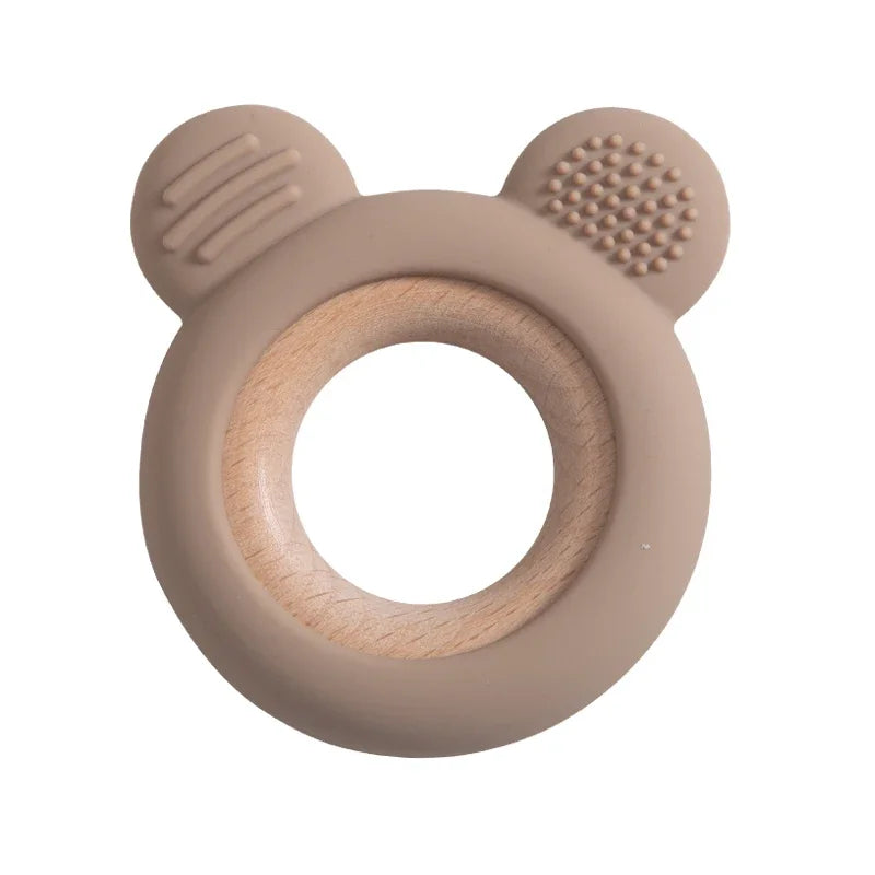 Baby Bubble silicone wood teether ring with natural wood beads, designed as a safe, soothing chew toy for infants.