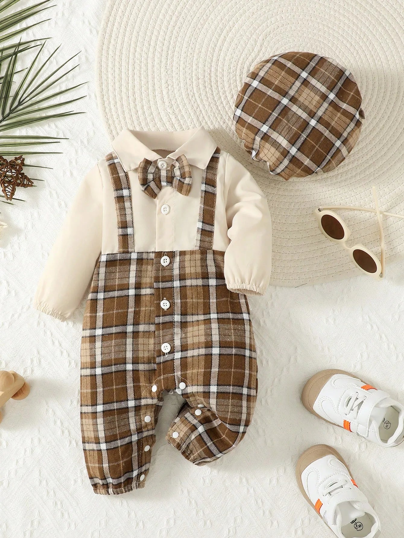 Baby boy in Gentleman set with suspenders, jumpsuit, and matching hat, stylish baby boy set by Baby Bubble.