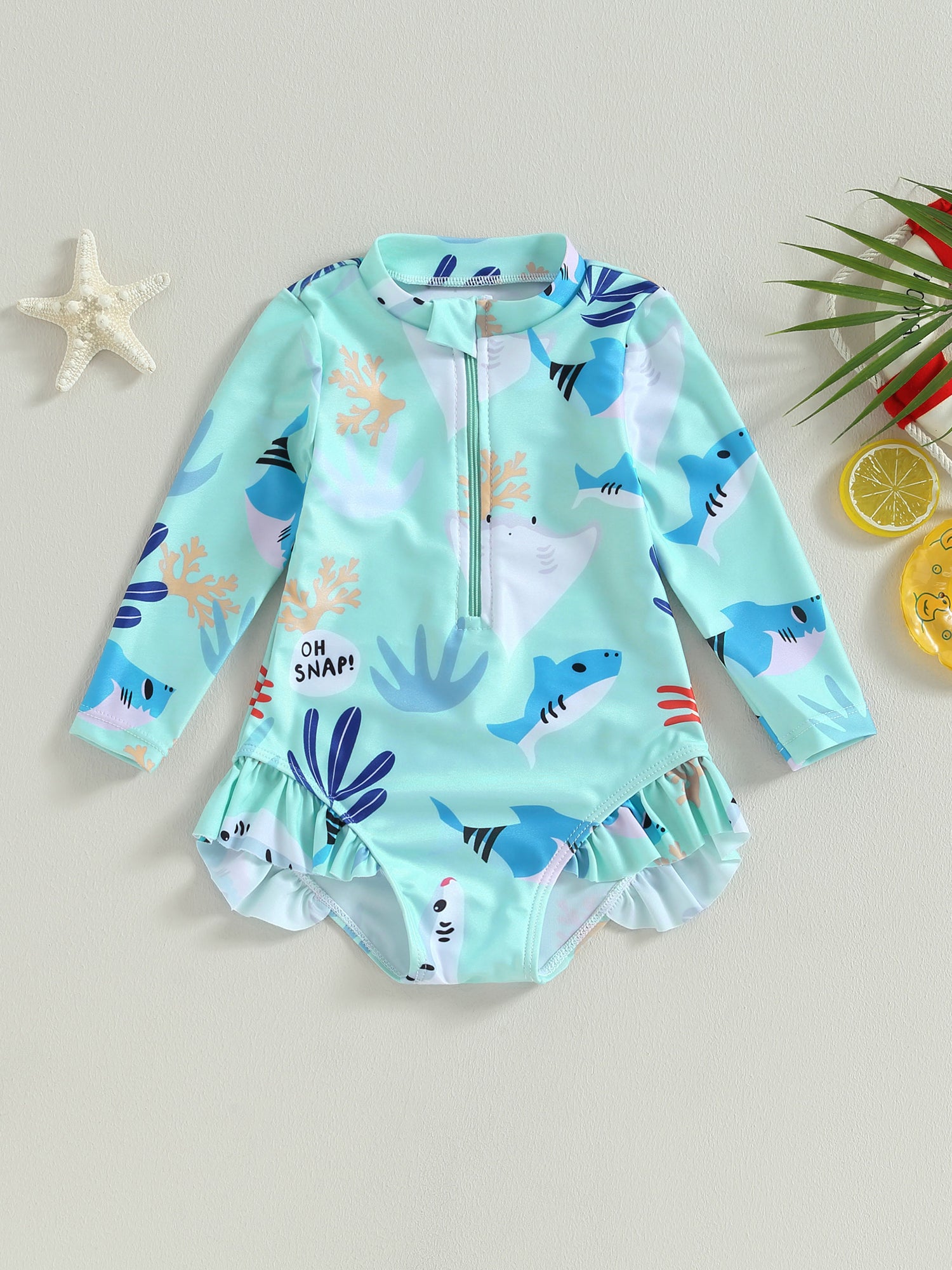 Baby Bubble girls long sleeve swimsuit with sea animal print, featuring colorful marine creatures and comfortable fit for swimming.