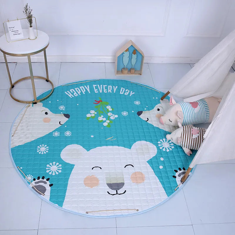 Round kids room carpet featuring Nordic animal design, 150cm play mat by Baby Bubble with colorful, soft fabric for children’s play area.