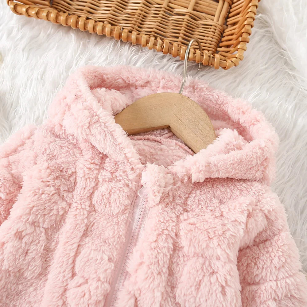 Baby girl winter lambswool coat by Baby Bubble, adorable warm outwear with cozy, soft lambswool material for cold weather.