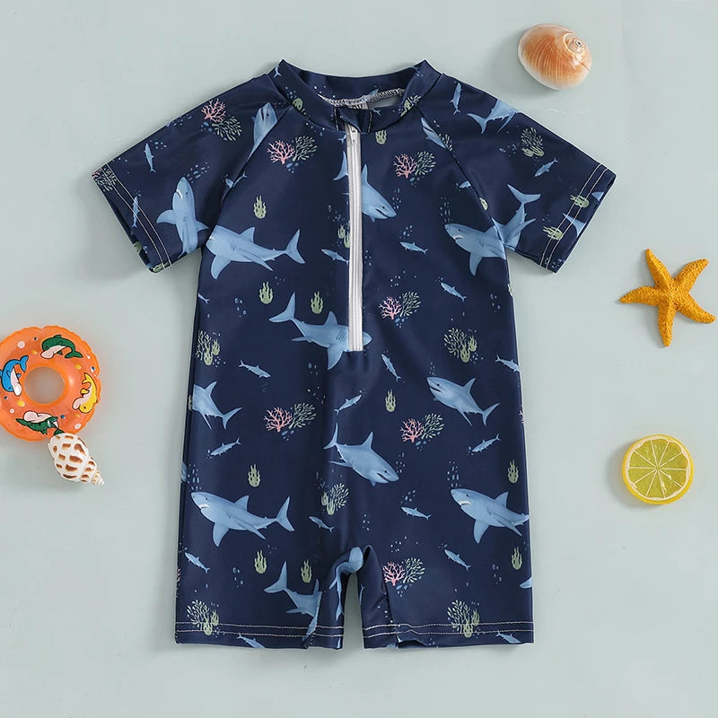 Baby Bubble shark print long sleeve rash guard with zip-up closure, designed for sun protection and comfort for infants.