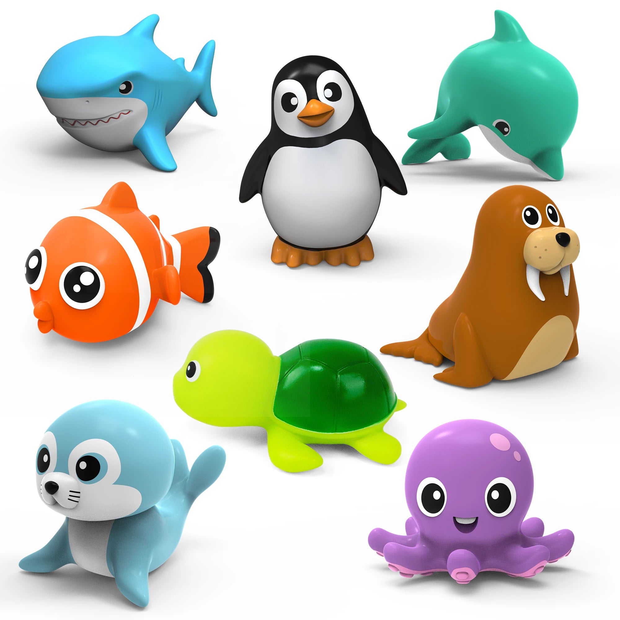 Baby Bubble sea animal bath toy set featuring 8 mould-resistant water toys including dolphins, turtles, and whales for babies.