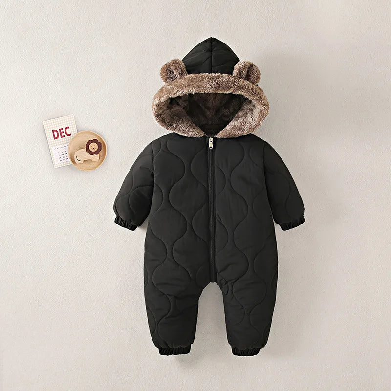 Baby Bubble winter jumpsuit with fur lining and cartoon print, designed to keep babies warm and cozy during cold weather.