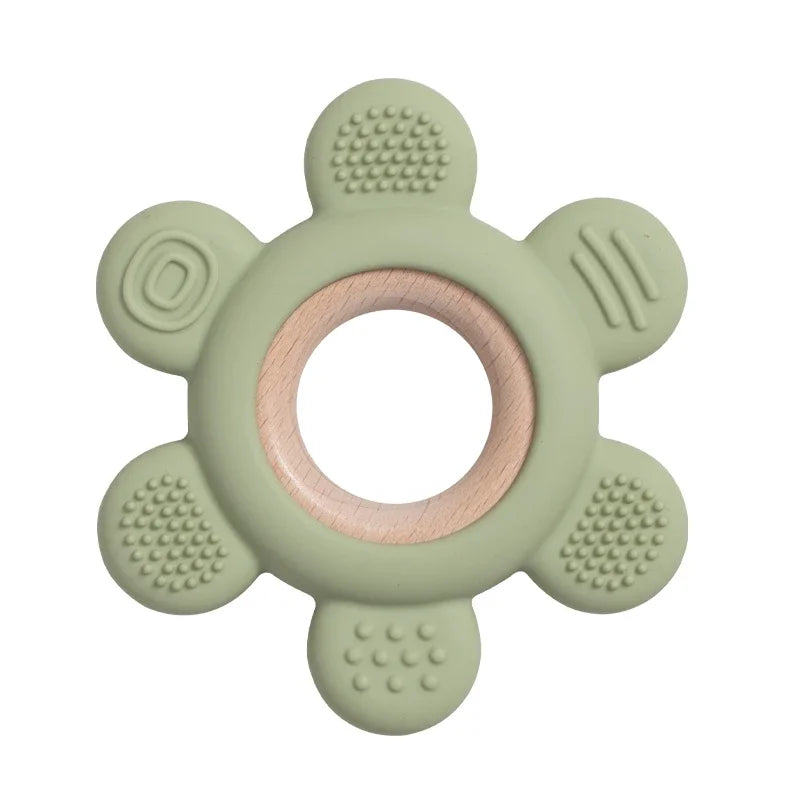 Baby Bubble silicone wood teether ring with colorful beads, safe soothing chew toy for babies to soothe gums and promote teething comfort.