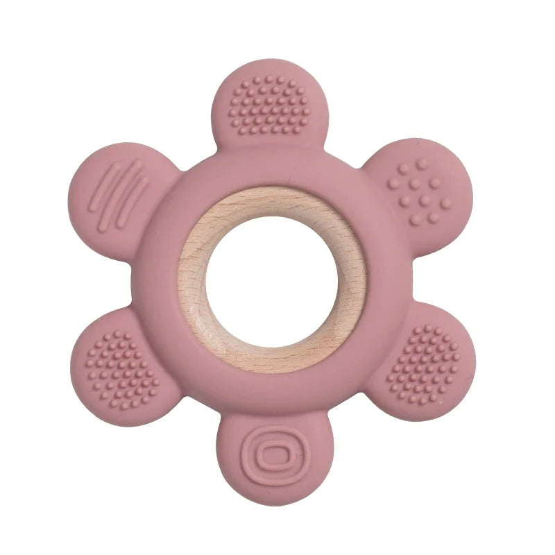 Baby Bubble silicone wood teether ring, safe soothing chew toy for babies, featuring natural wood and soft silicone textures.