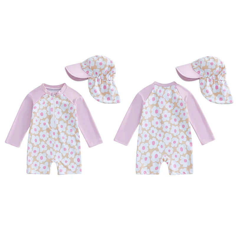 Baby Girl's rash guard set with floral and flamingo print by Baby Bubble, featuring colorful swimwear for infants.