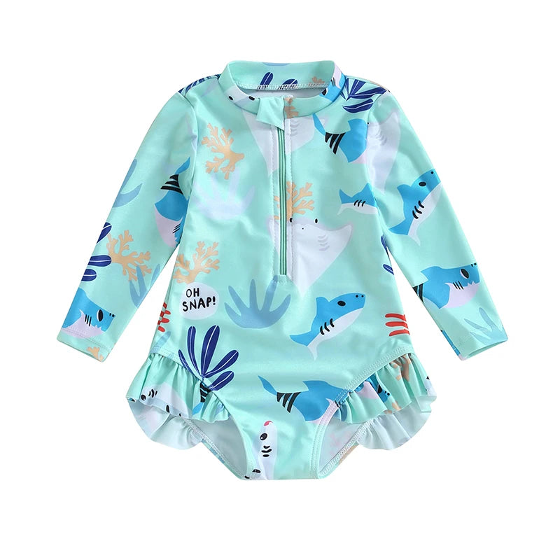 Girls long sleeve swimsuit with sea animal print by Baby Bubble, featuring vibrant marine-themed design and comfortable fit.