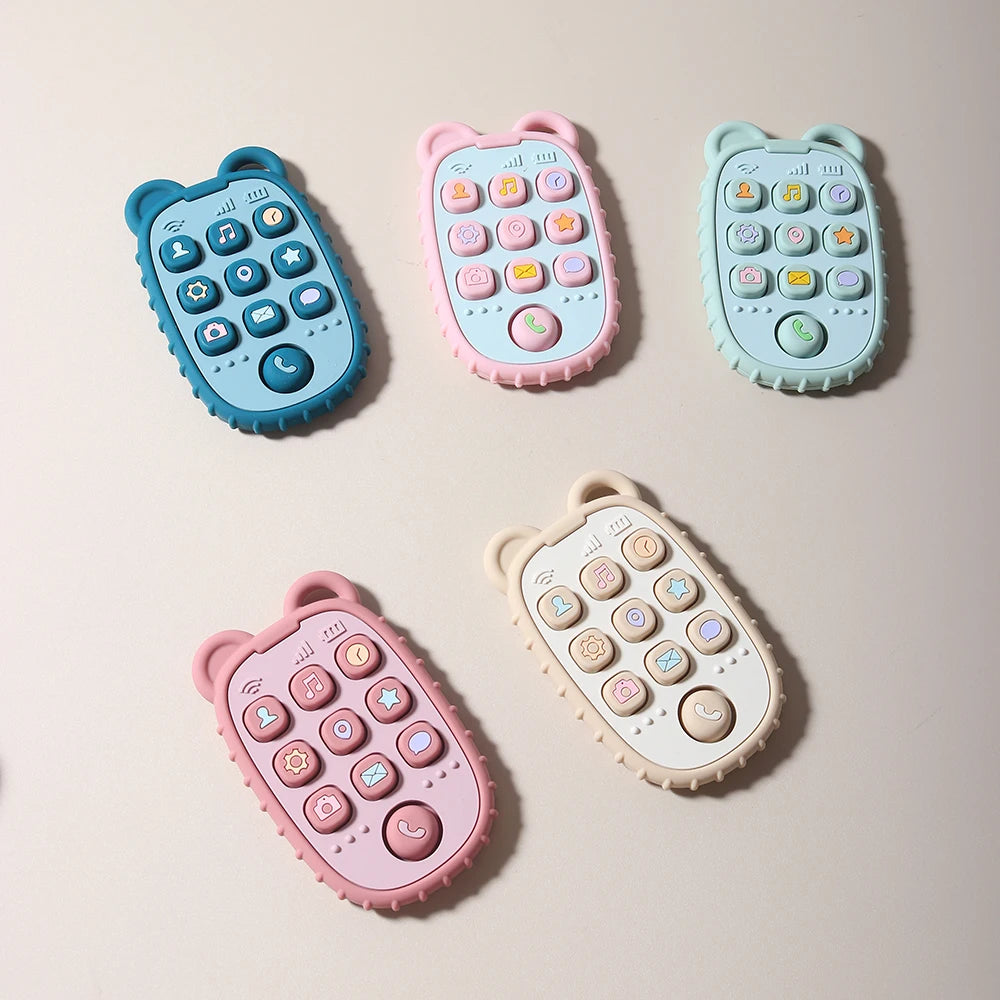 Baby Bubble baby phone-shaped silicone teether with colorful chew-friendly design and soothing texture for teething relief.