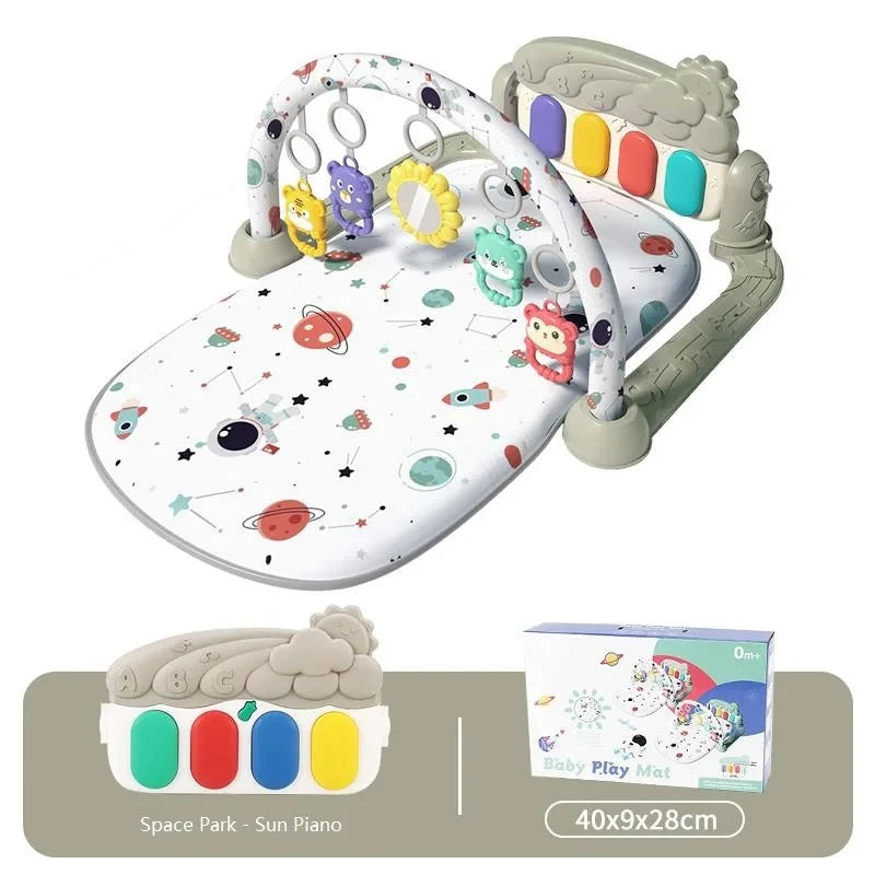 Baby Bubble baby gym mat with pedal piano fitness frame, featuring colorful musical toys for infants' interactive play.
