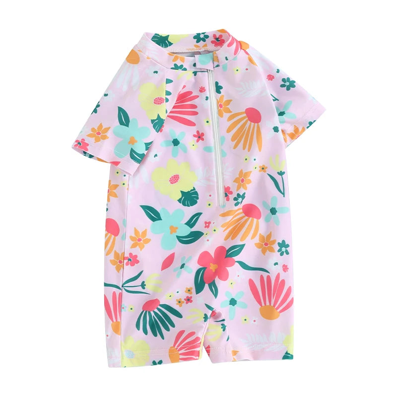 Baby Girl's floral rash guard romper by Baby Bubble, zip-up design with colorful flower pattern, soft and comfortable for sun protection.