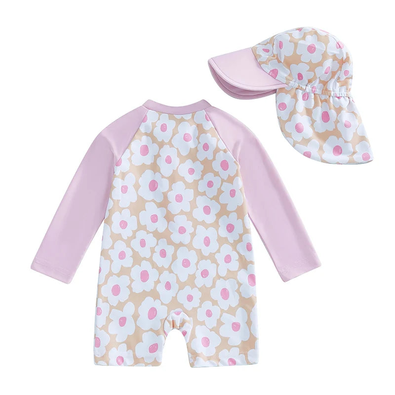 Baby Girl rash guard set with floral and flamingo print by Baby Bubble, featuring a colorful long-sleeve swimwear outfit for infants.