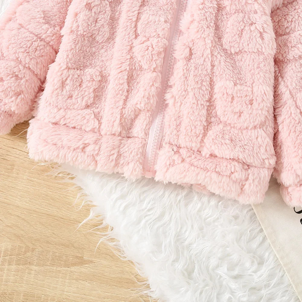 Baby girl winter lambswool coat by Baby Bubble, cute warm outwear with cozy wool texture and soft pastel pink color.