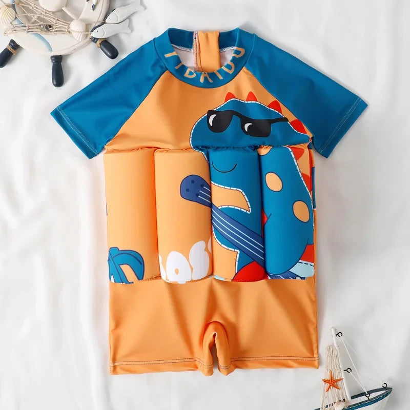Children's buoyancy swimsuit by Baby Bubble with colorful cartoon print, designed for safe swimming and water play.
