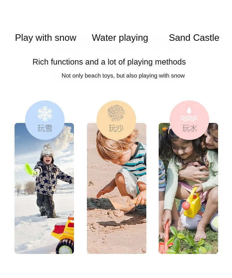 Kids beach sand play set by Baby Bubble with a colorful bucket, shovel, and sand molds for outdoor fun.