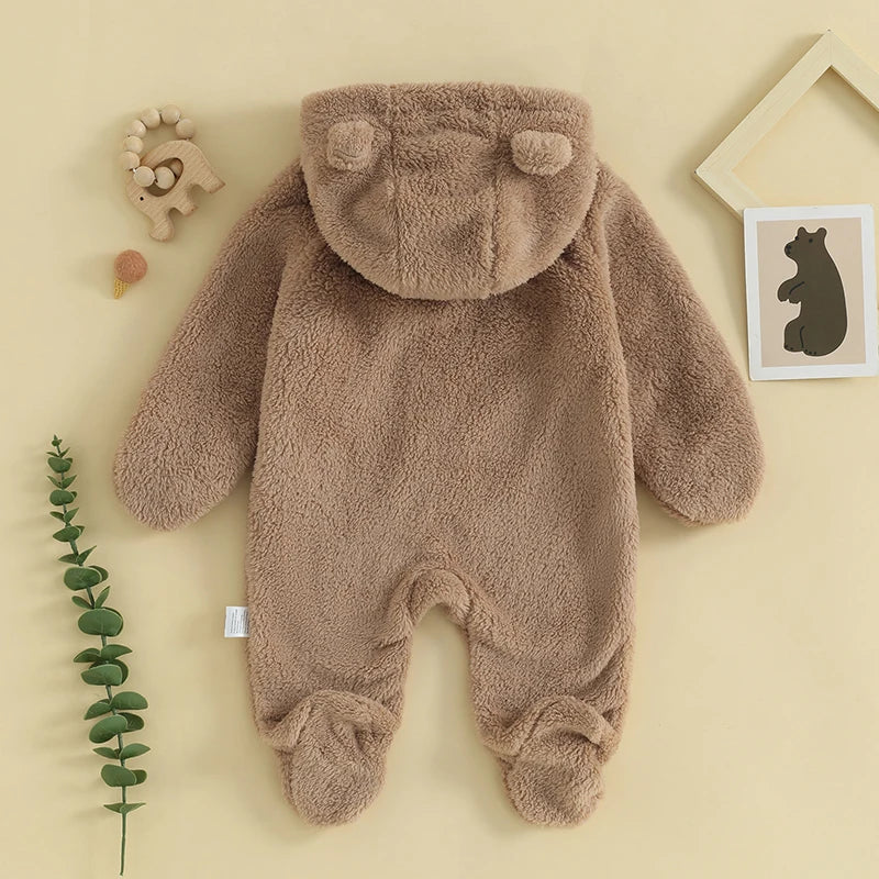 Baby Bubble baby hooded plush romper in soft, warm fabric with a cozy hood, perfect for winter comfort.