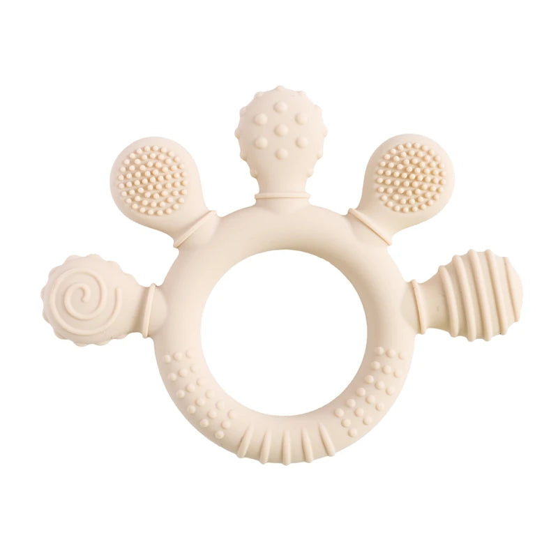 Baby Bubble BPA-free silicone teether rattle with colorful, textured surface designed for soothing sensory play for infants.
