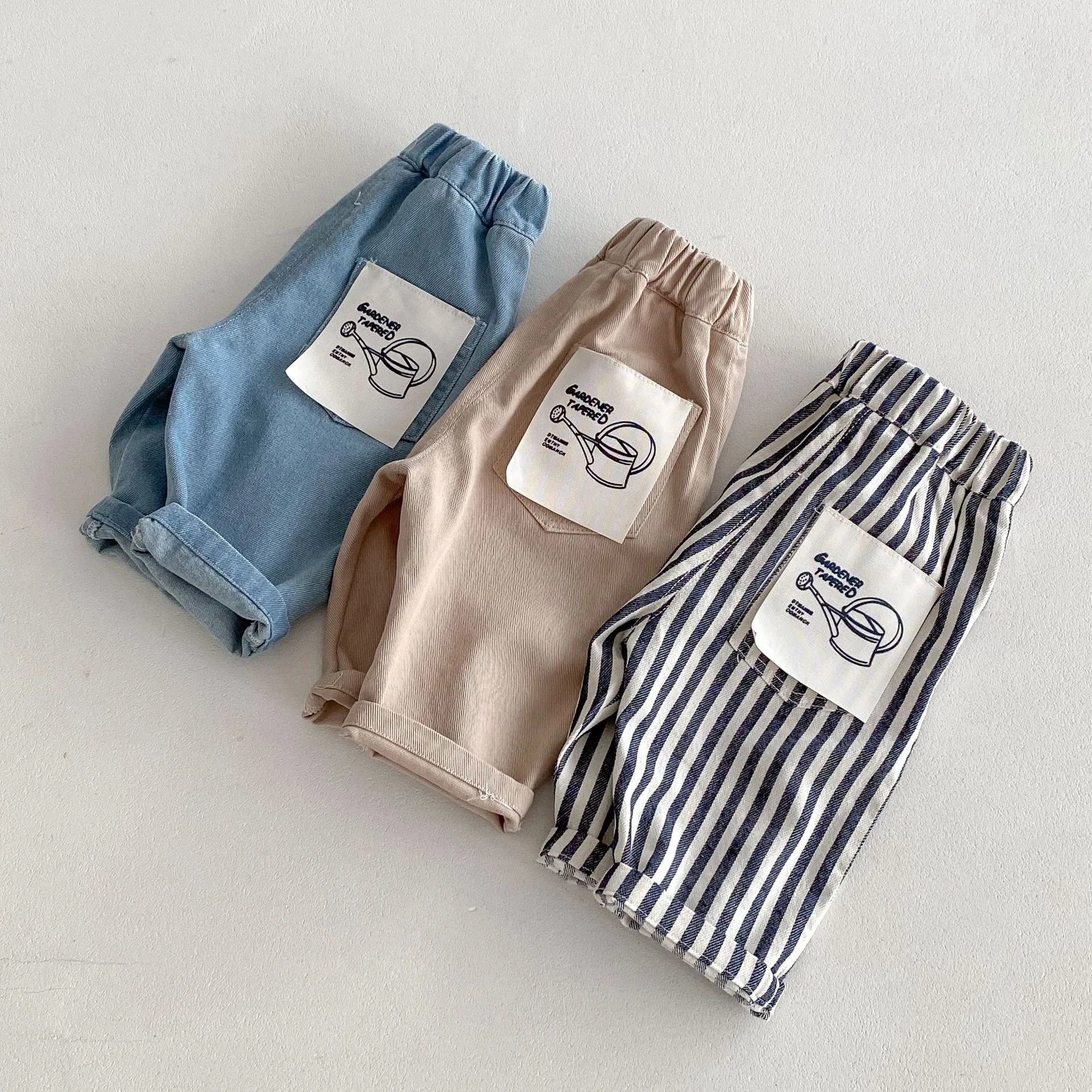 Baby Bubble spring children's denim pants for boys, casual soft striped Korean-style pants for infants aged 0-5 years.