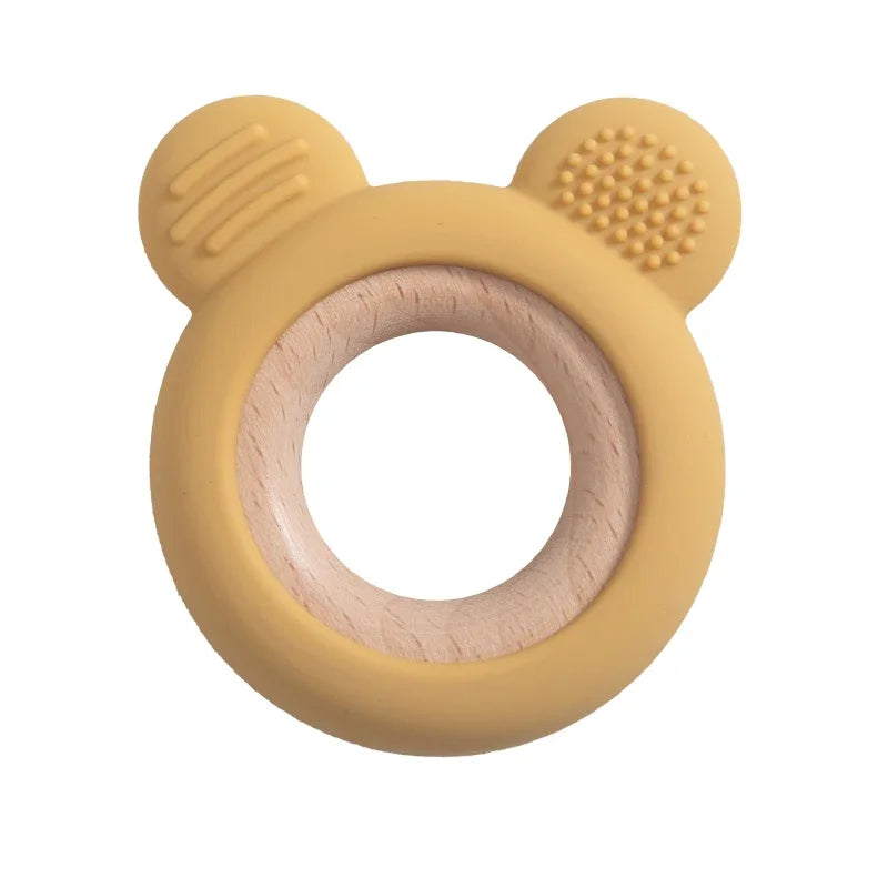 Baby Bubble silicone wood teether ring with natural wood bead and soft silicone surface, designed for soothing and teething relief.