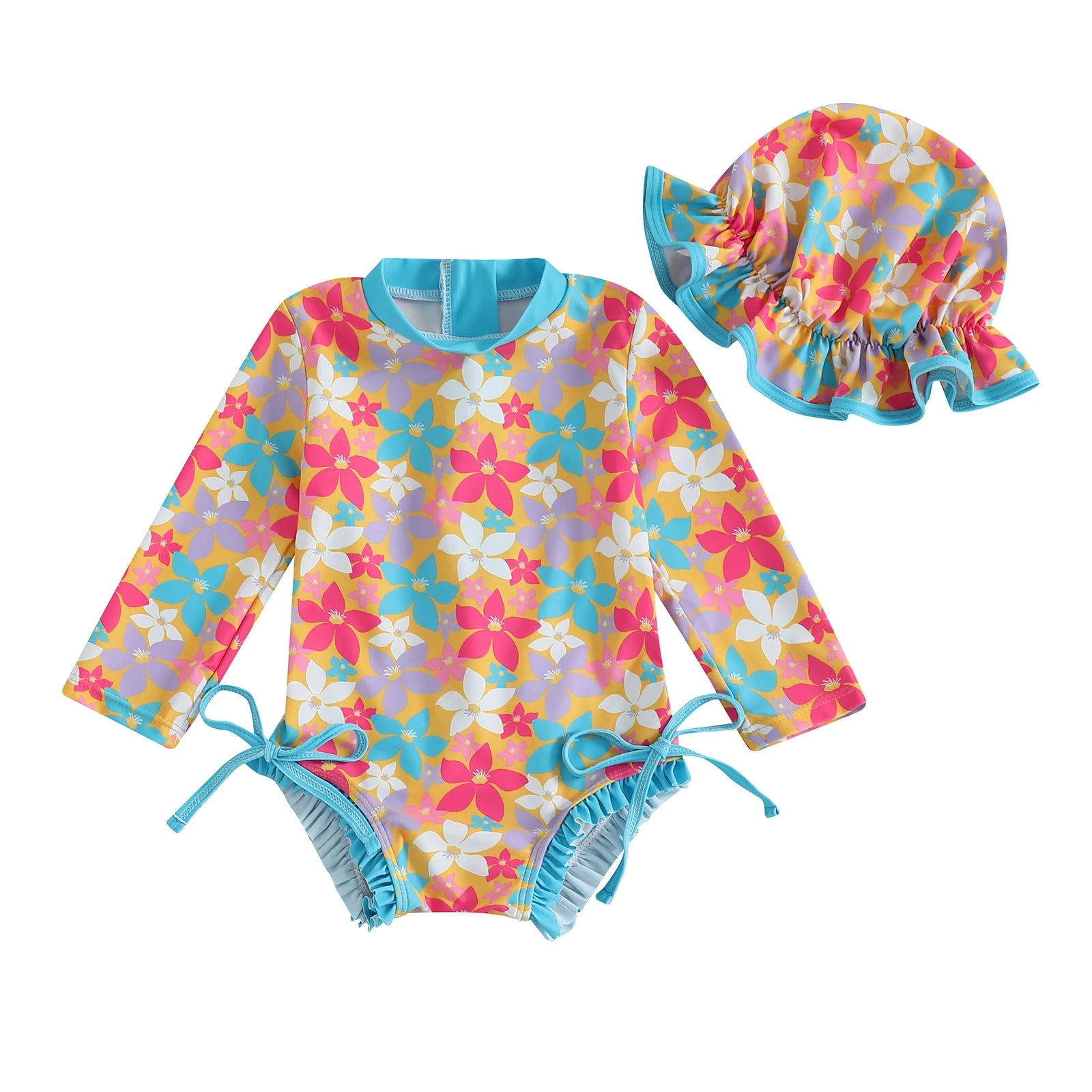 Baby girl wearing Baby Bubble rash guard swimsuit with matching swim cap, suited for swimming and sun protection.