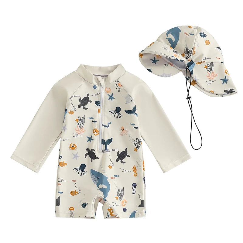 Baby Bubble baby boys rash guard set with marine animal print, featuring colorful aquatic designs on the fabric.