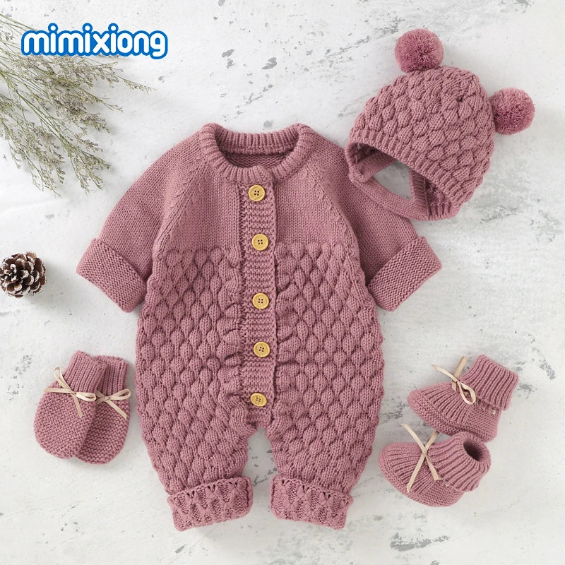 Baby Bubble knitted romper and cap set in cozy autumn/winter style, featuring soft, warm knit fabric and matching cap for infants.
