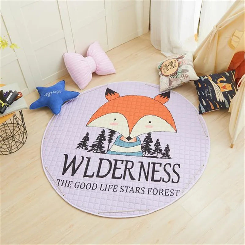 Round kids room carpet featuring Nordic animal design, 150cm play mat for children by Baby Bubble