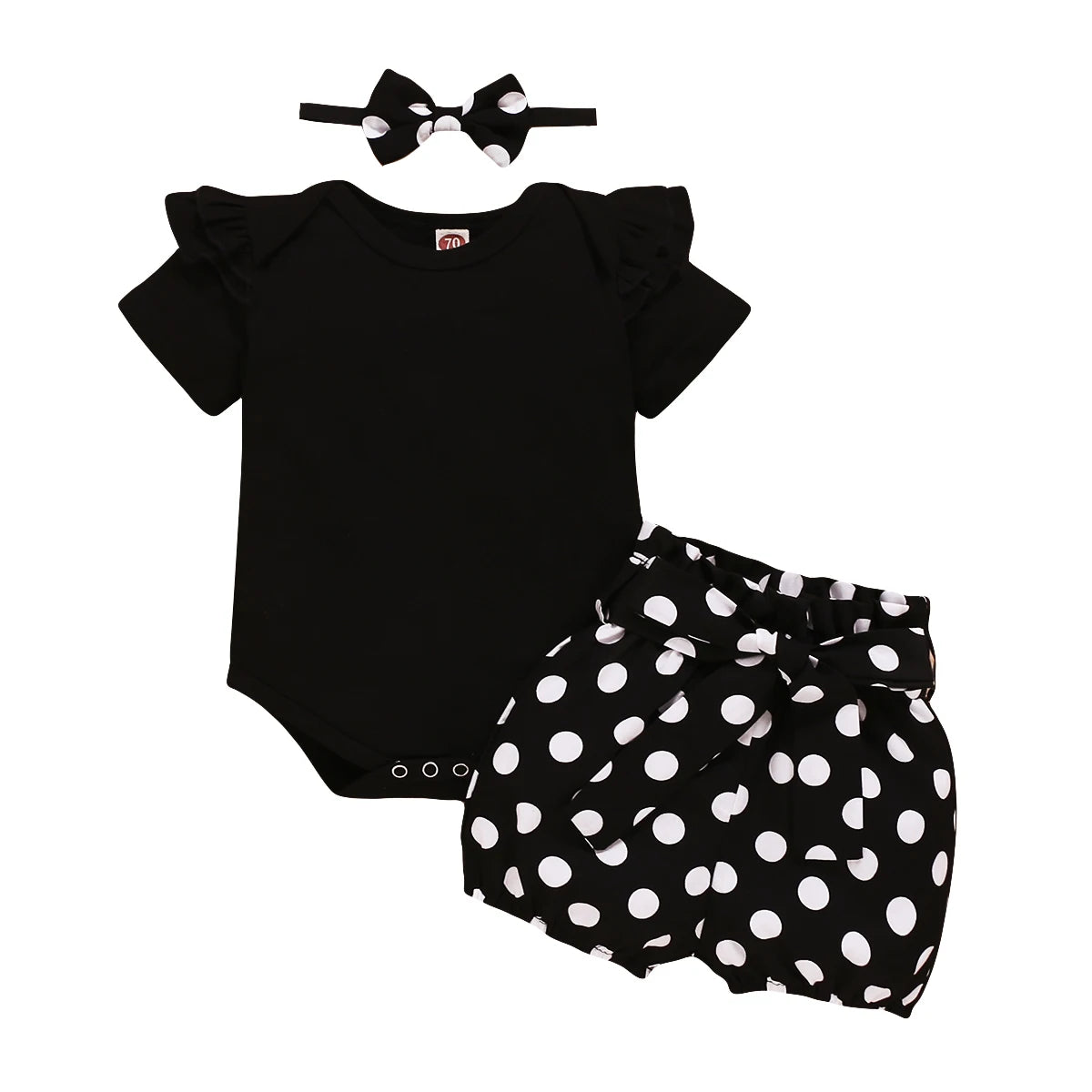 Baby girl summer set by Baby Bubble featuring a 3-piece outfit with a colorful top, shorts, and sun hat, suitable for warm weather.