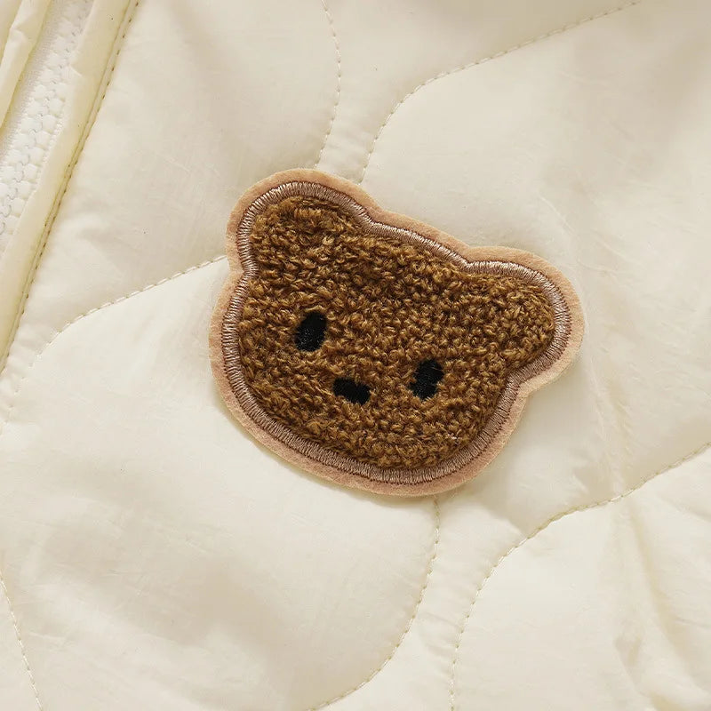 Baby Bubble cartoon bear winter romper, cozy baby jumpsuit with bear print, ideal for cold weather and winter outings.