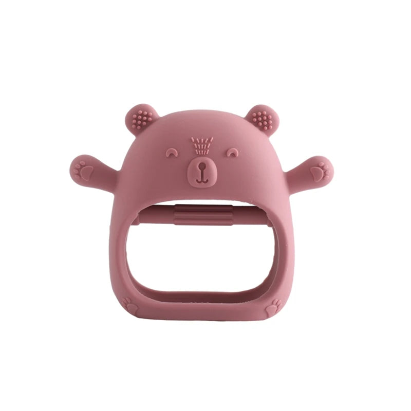 Baby Bubble BPA-free silicone baby teether glove with textured surface for soothing gum relief, worn on a baby’s hand.