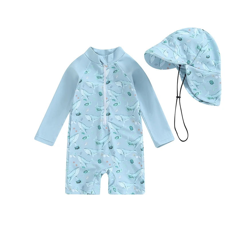 Baby Boy Rash Guard Set with turtle and dinosaur print from Baby Bubble, featuring a colorful, sun protection swimwear for infants.