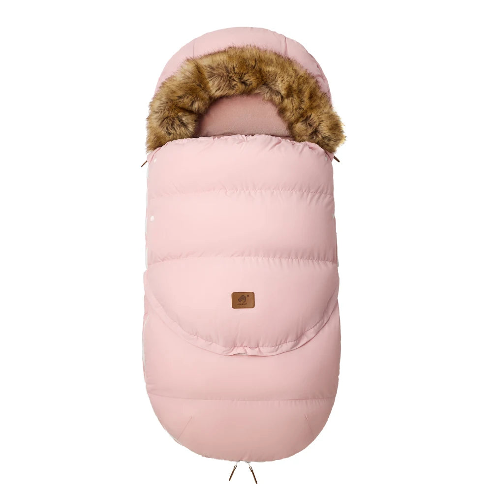 Baby Bubble winter pram sleeping bag with removable warm footmuff, designed for cozy comfort and warmth for infants during cold weather.