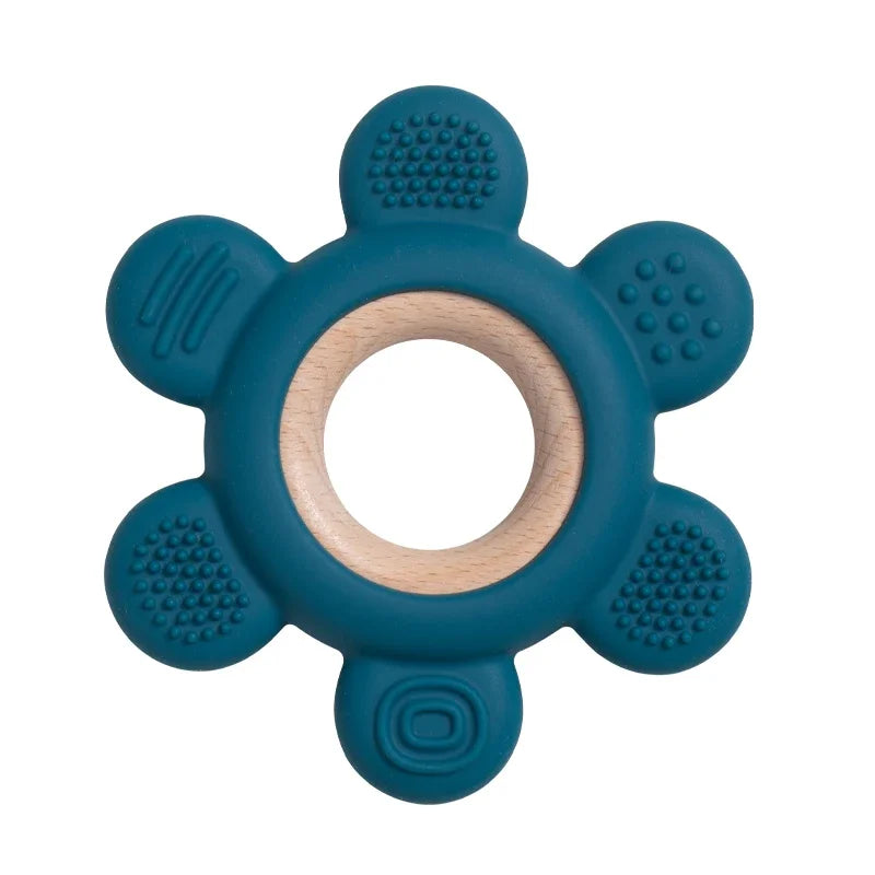 Baby Bubble silicone wood teether ring with smooth round edges, safe soothing chew toy for babies, natural wood and silicone materials.