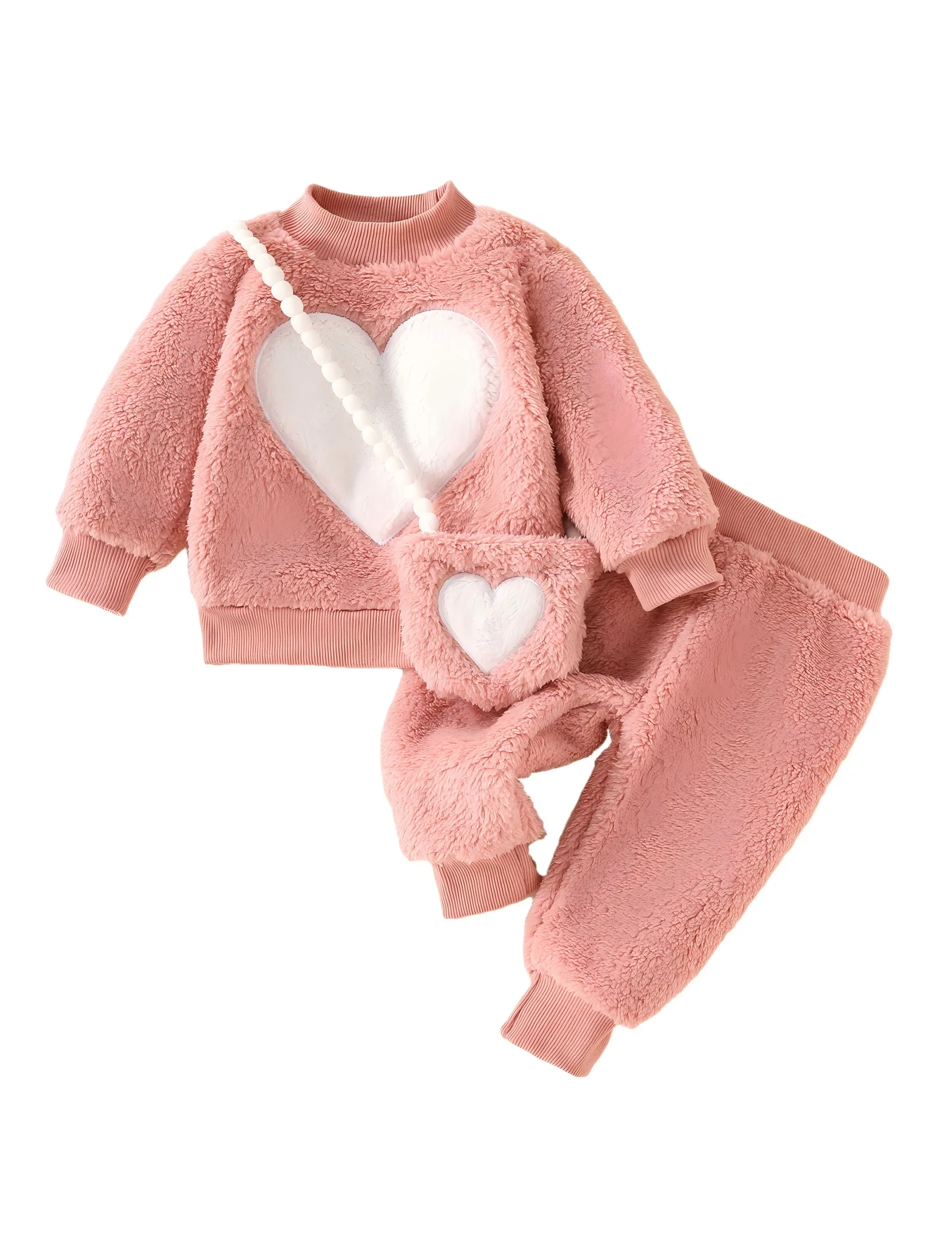 Baby Girl fuzzy heart 3-piece outfit by Baby Bubble featuring soft fabric, cozy design, and adorable heart details.