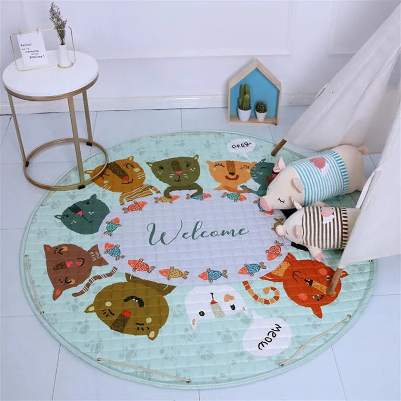 Round kids room carpet featuring Nordic animal design, 150cm diameter, soft play mat for children by Baby Bubble