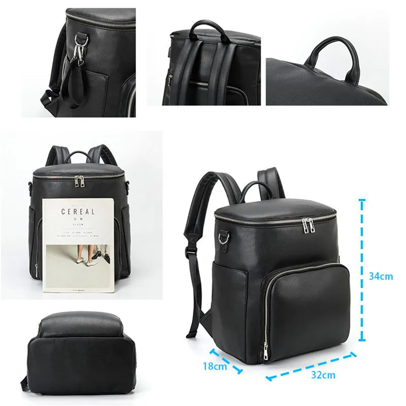 Baby Bubble PU leather diaper bag with multiple compartments, stylish travel-ready design, and adjustable straps.