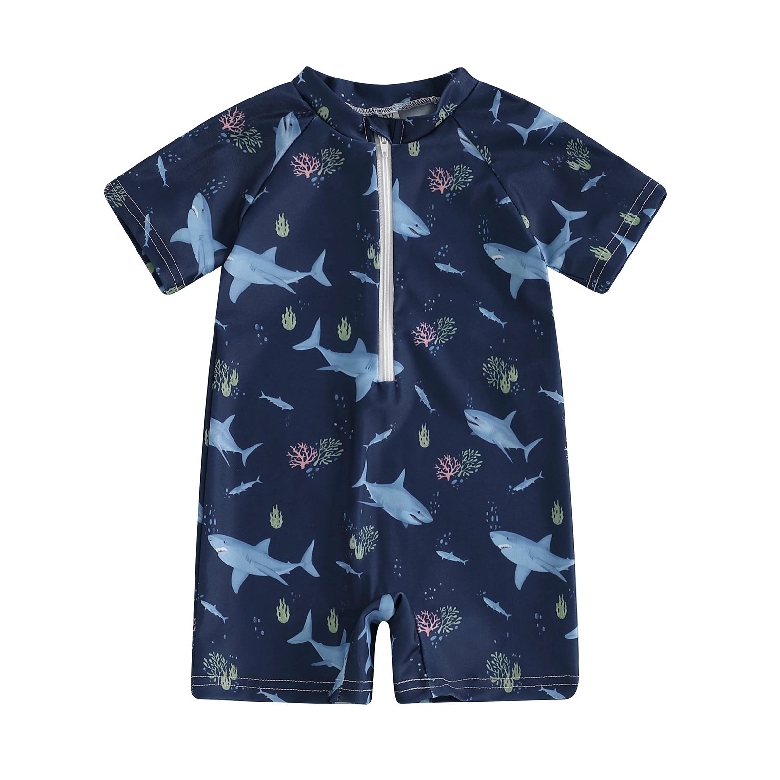 Baby Bubble shark print long sleeve zip-up rash guard for babies, featuring a colorful shark design and UV protection.