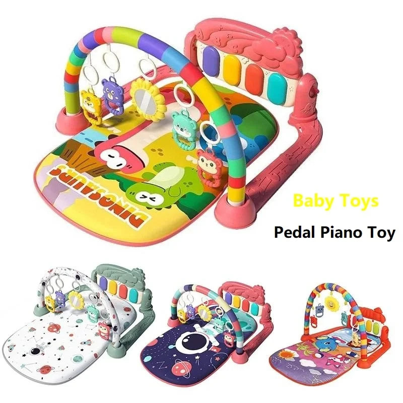 Baby Bubble baby gym mat with pedal piano fitness frame, colorful musical play mat for infants' sensory and motor development.
