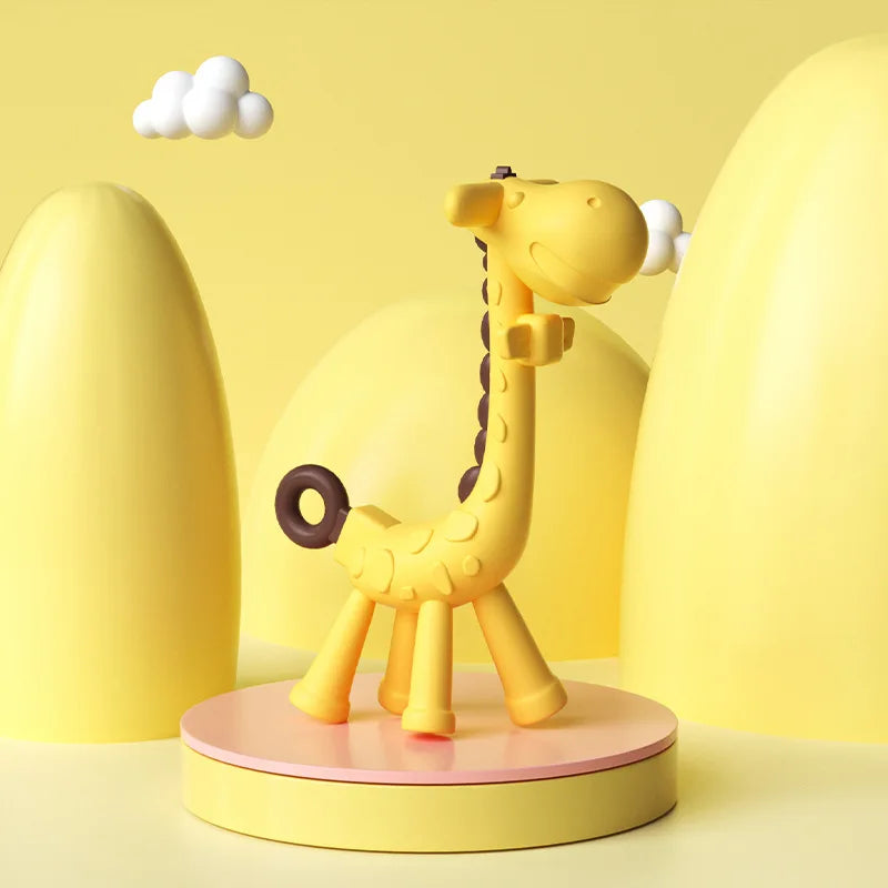 Baby Bubble silicone giraffe teether with textured surface, designed to soothe sore gums in infants.