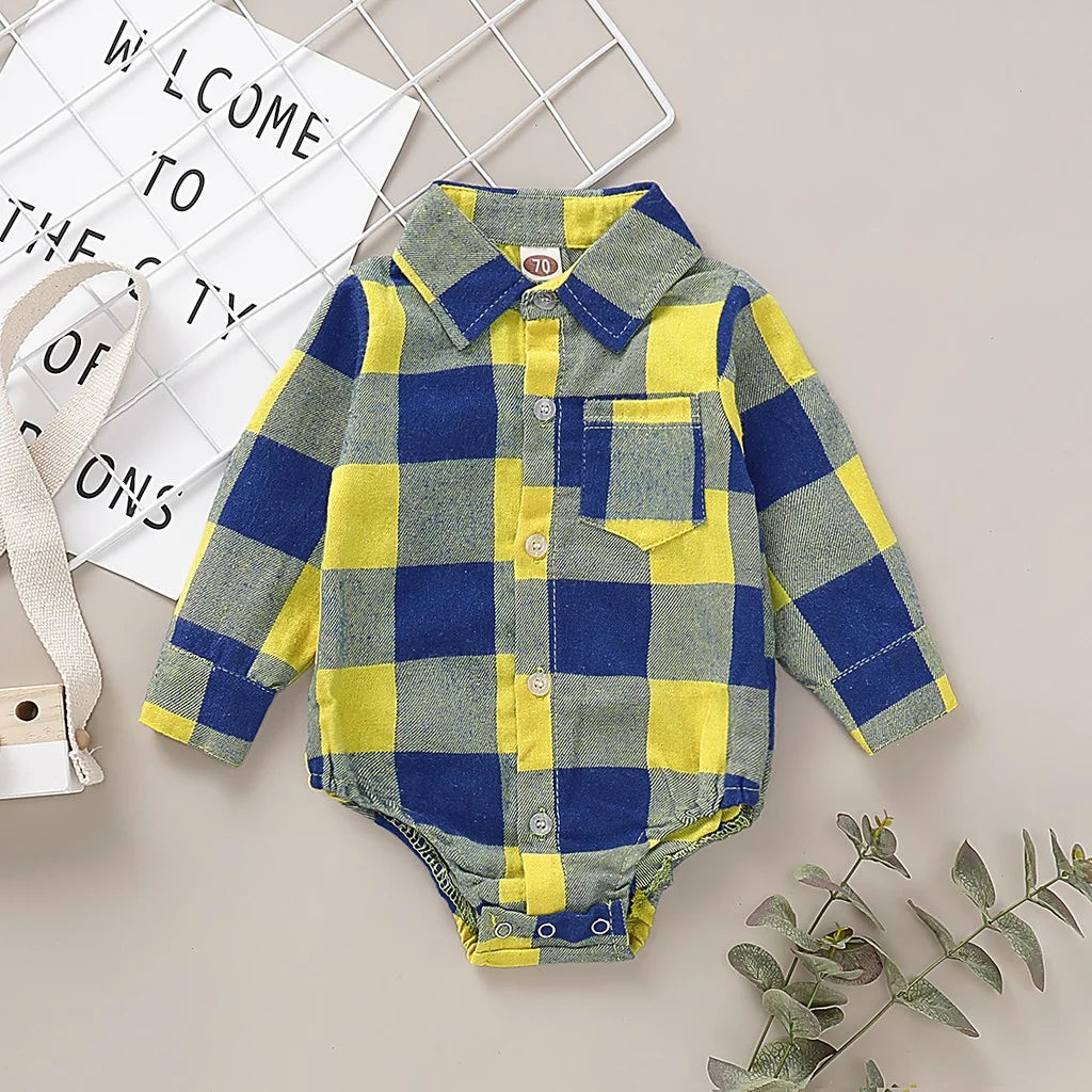 Baby Bubble newborn baby boy bodysuit with plaid long sleeves, lapel shirt and romper for 0-18 months toddler boy.