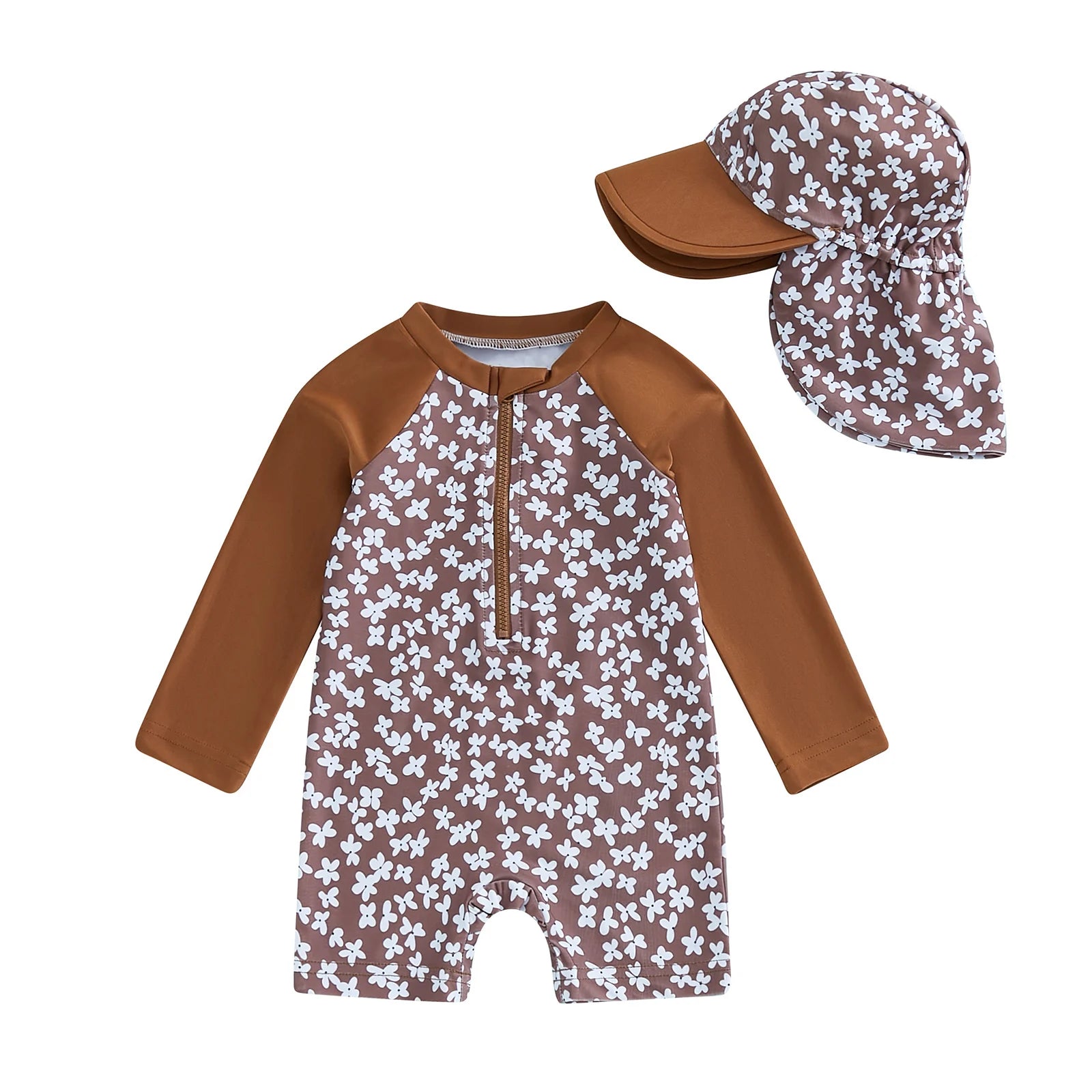 Baby girls rash guard set by Baby Bubble featuring floral and flamingo print, with long sleeves and colorful design.