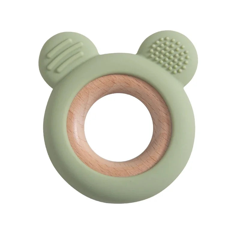Baby Bubble silicone wood teether ring with smooth, natural wood and silicone beads, designed for safe soothing chews for infants.