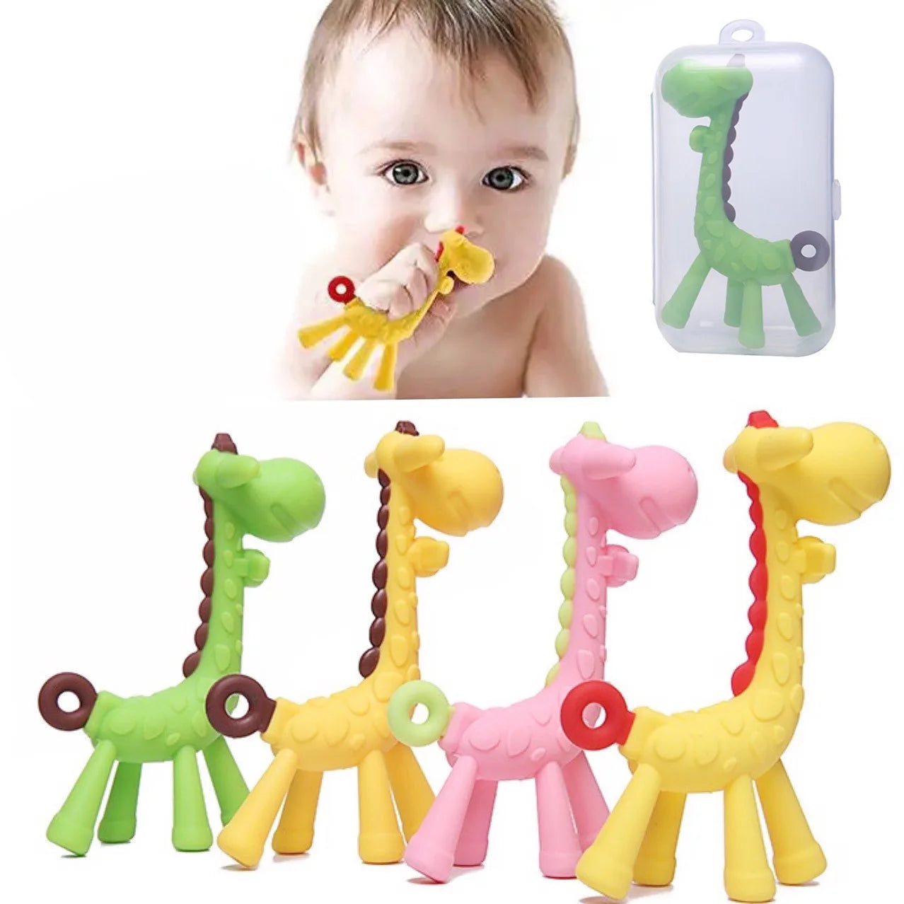 Silicone giraffe baby teether from Baby Bubble, soft and textured for soothing sore gums during teething.