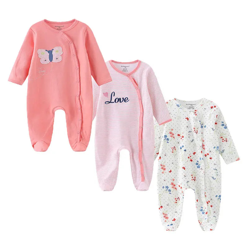 Set of three cozy autumn cotton baby rompers by Baby Bubble, featuring soft, warm fabric for newborns.