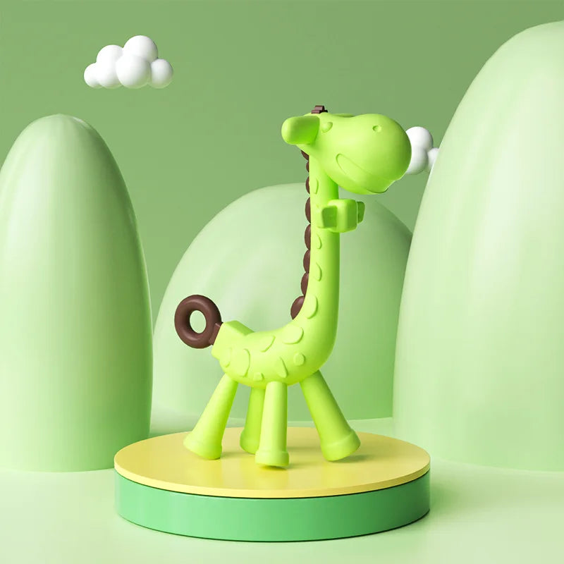 Silicone giraffe teether by Baby Bubble with textured surface for soothing baby’s sore gums, featuring bright yellow and brown colors.