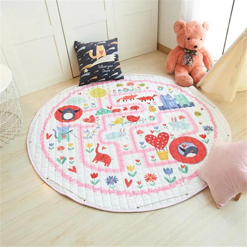 Round Kids Room Carpet featuring Nordic animal design, 150cm play mat by Baby Bubble, soft and colorful for children's play area.