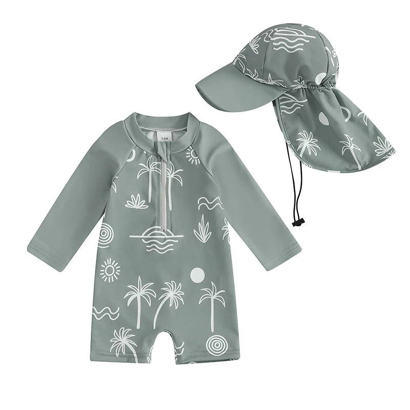 Baby boys rash guard set with turtle and dinosaur print by Baby Bubble, featuring colorful, sun-protective swimwear for infants.