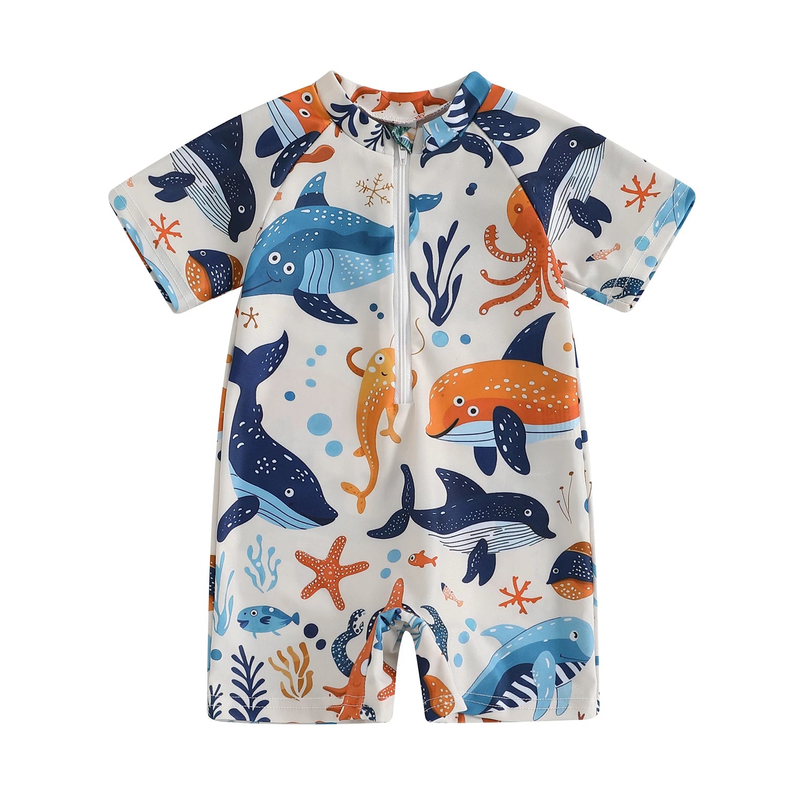 Baby Bubble shark print long sleeve zip-up rash guard for babies, featuring a comfortable and protective swimwear design.