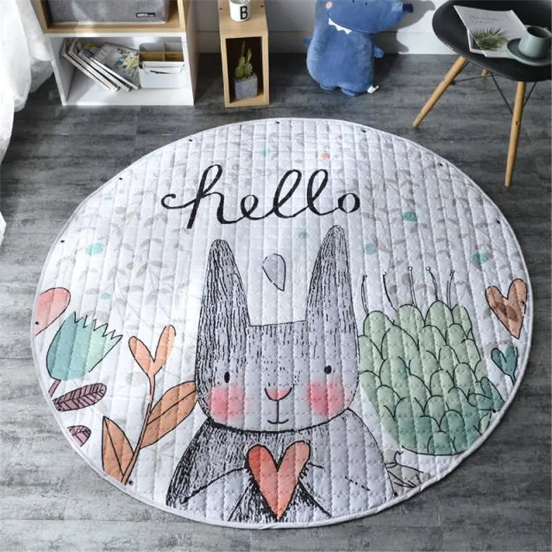 Round Nordic Animal Kids Room Carpet by Baby Bubble, 150cm play mat with colorful animal design for children’s play area.